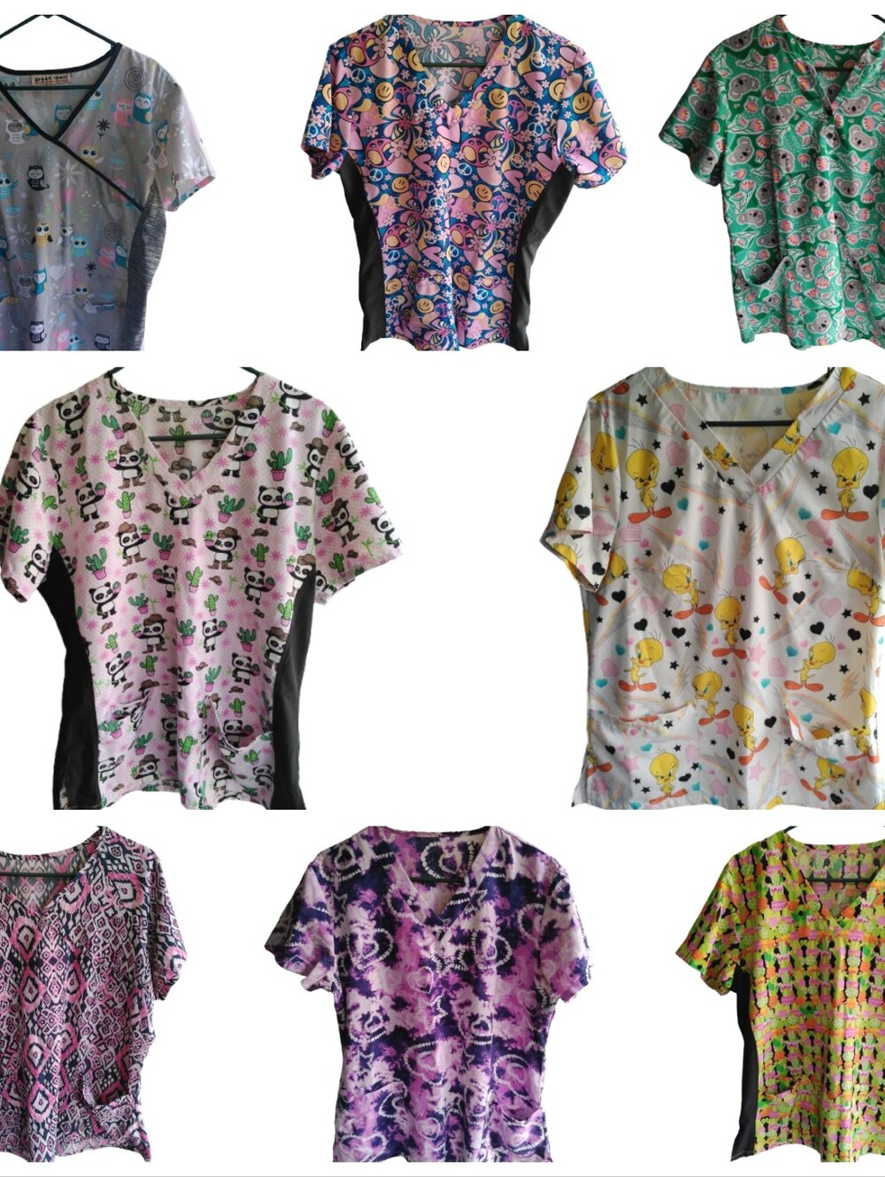 Bundle Of 8 Cute Patterned Women's Medical Scrub Tops - Multicolor Prints Large